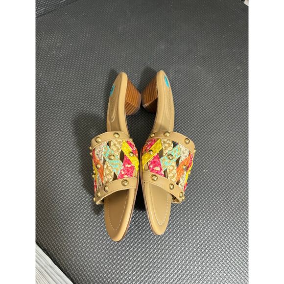 Eric Javits Woven Multicolored Straw & Tan Leather Slip-On Sandals‎ Boho 7.5 N - Picture 5 of 9